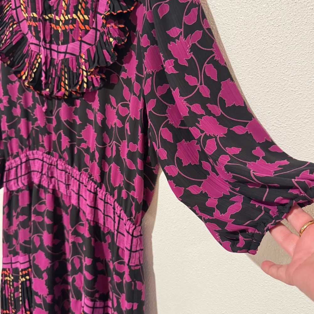 Vintage 80s Diane Freis Floral Pink and Black Dress with Pleated Details
